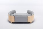 Scandinavian style Elevated Dog Bed Pet Sofa With Solid Wood legs and Bent Wood Back, Velvet Cushion,Mid Size Light Grey - as Pic