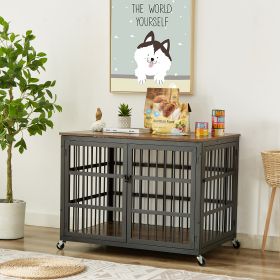 Furniture style dog crate wrought iron frame door with side openings, Grey, 38.4''W x 27.7''D x 30.2''H. - Rustic Brown