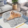 Gray Plush Calming Dog Couch Bed with Anti-Slip Bottom - L